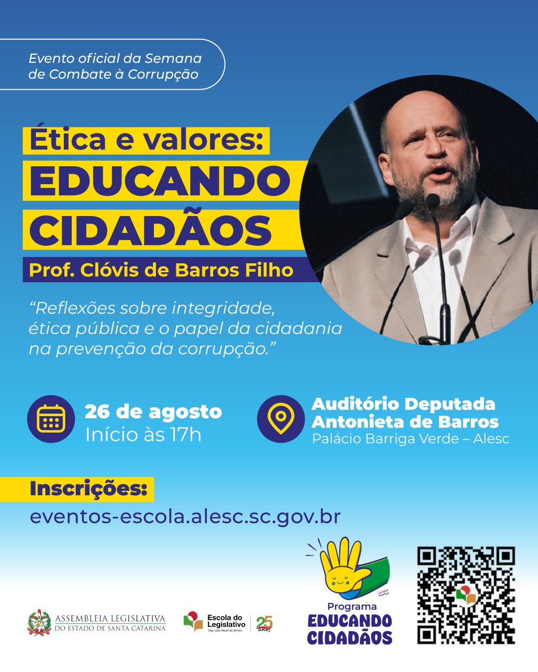 Inscrições abertas para a palestra sobre ética e valores ministrada por Clóvis de Barros Filho